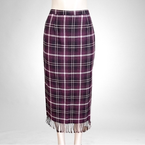 Vintage Nouveux Wool Blend Fringed Plaid Tartan Maxi Skirt SZ 6P Purple - Picture 1 of 9
